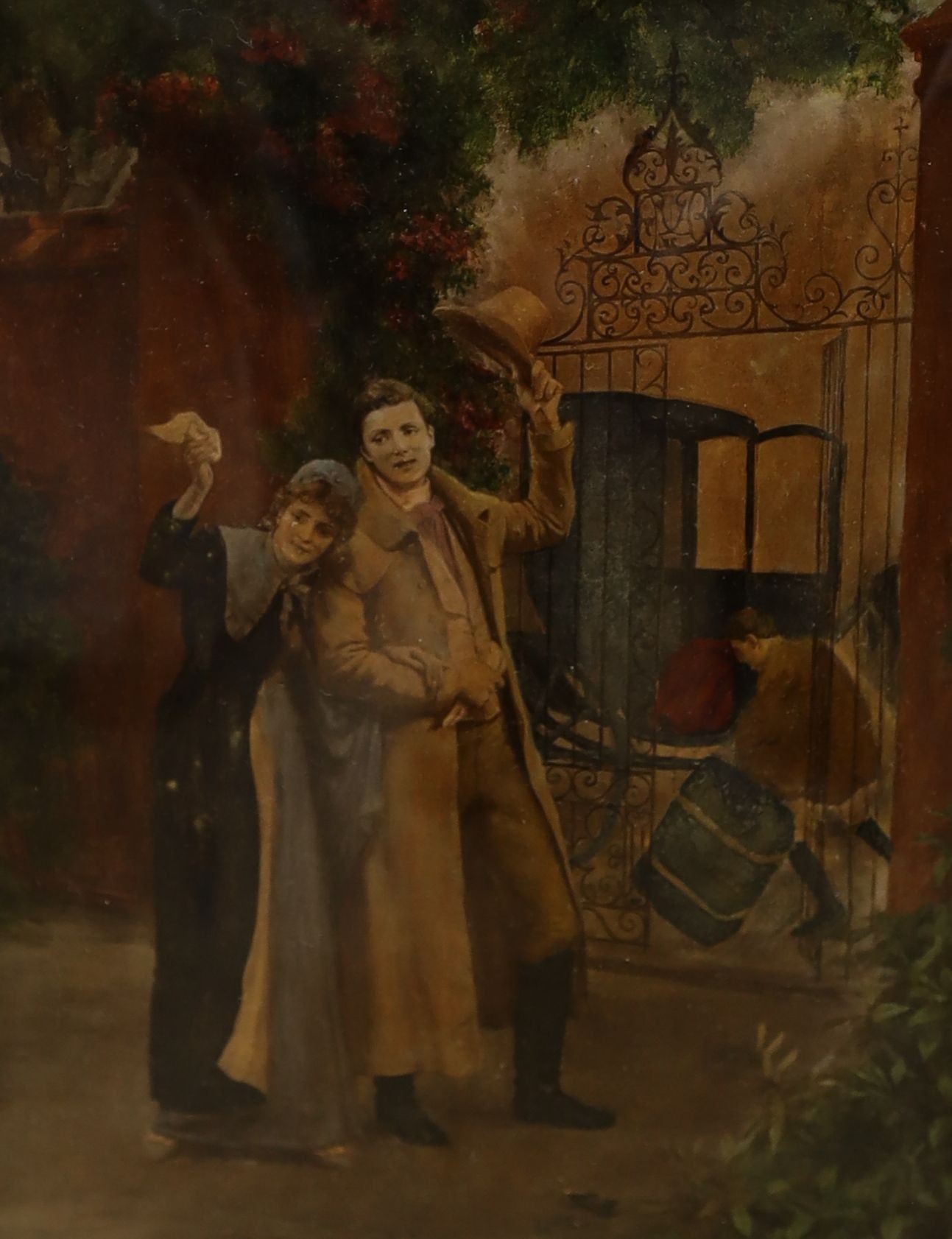 Two chrystoleums, Mother and child beside a pond and Figures waving goodbye, 26 x 16cm and a Pears print of Bubbles, 70 x 47cm